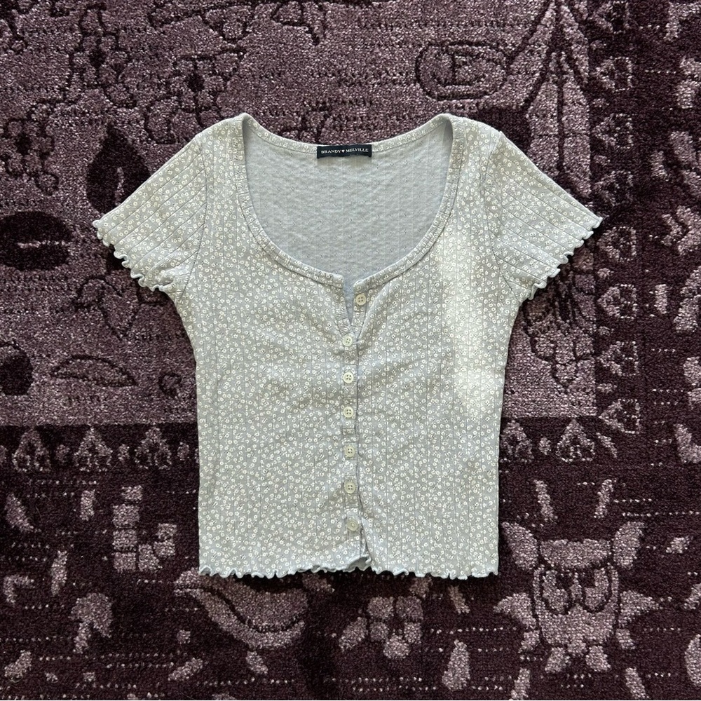 Brandy Melville blue floral button down pointelle cropped tee